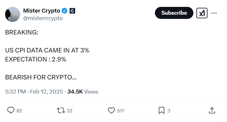 Mister Crypto Calls US CPI Data Bearish for Crypto. Source: X