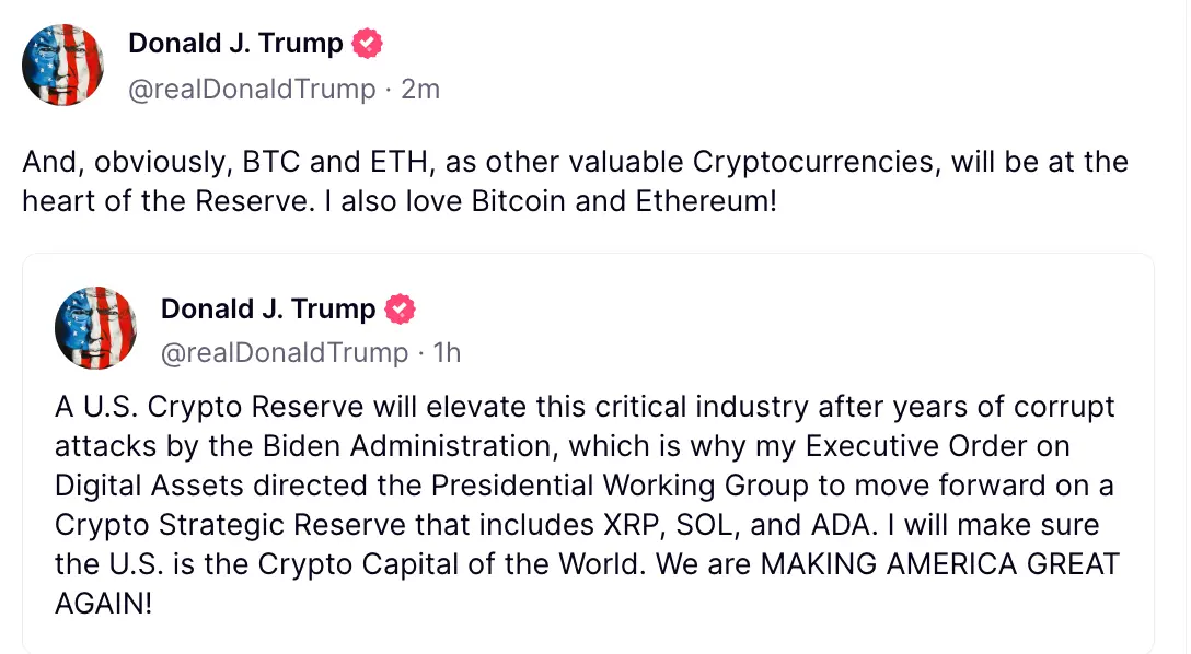  Donald Trump Confirms U.S. Crypto Reserve to Include BTC, ETH, XRP, SOL, and ADA. Source: @realDonaldTrump