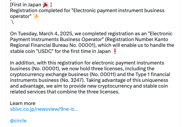 SBI VC Trade Registers as First Electronic Payment Instruments Business Operator for USDC in Japan. Source: Circle