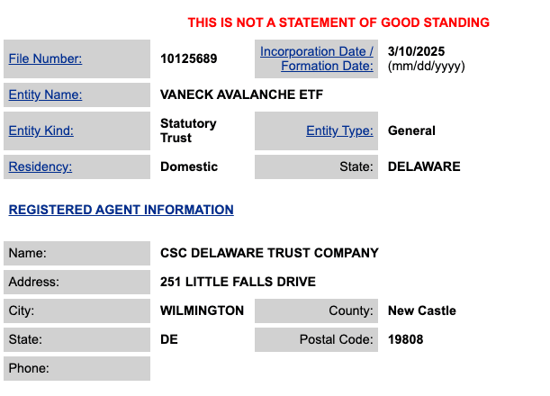 VanEck Avalanche ETF Registration Details in Delaware on March 10, 2025. Source: Delaware.gov