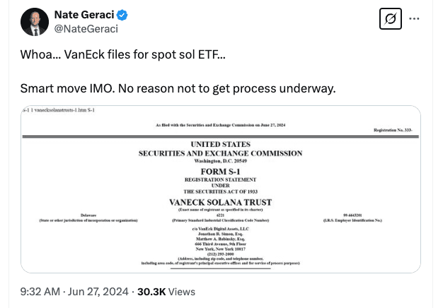 VanEck Files for Spot Solana ETF in SEC Form S-1 Registration. Source: Nate Geraci