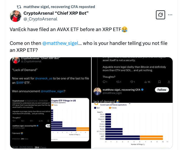 Crypto Community Reacts to VanEck Filing an Avalanche ETF Before an XRP ETF. Source: CryptoArsenal on X
