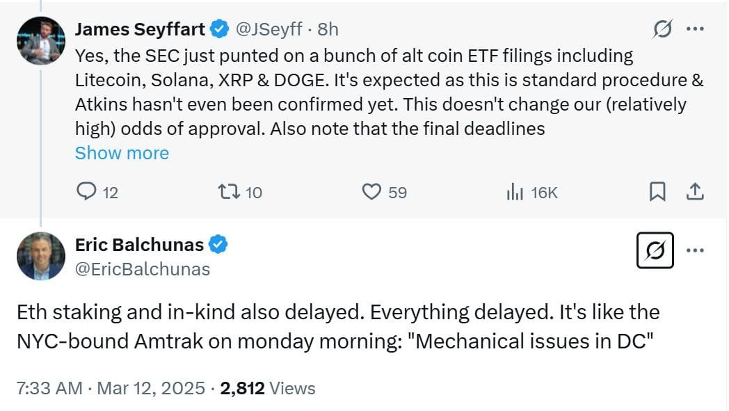 SEC Delays Multiple Crypto ETF Filings Including Solana, XRP, and DOGE. Source: X (@JSeyff & @EricBalchunas)