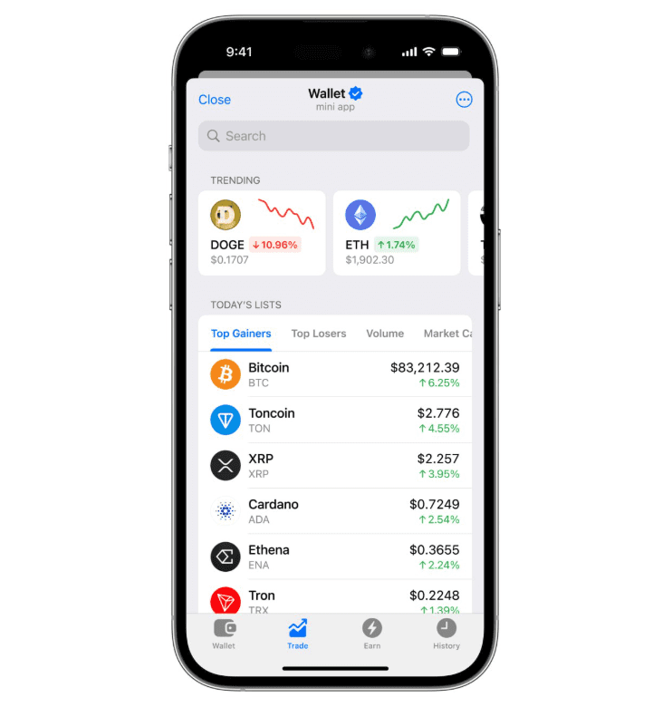 Telegram Wallet Mini App Shows Top Gainers, Market Trends, and Crypto Prices. Source: Wallet in Telegram