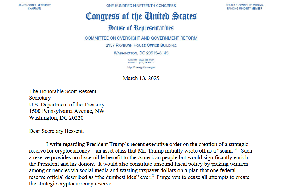 Democrat Gerald E. Connolly's Letter to Treasury Secretary Scott Bessent regarding Trump Bitcoin reserve– Source: U.S. House Oversight Committee (Democrats).