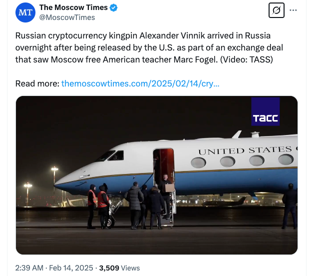 Alexander Vinnik Arrives in Russia After U.S.-Russia Prisoner Swap. Source: The Moscow Times