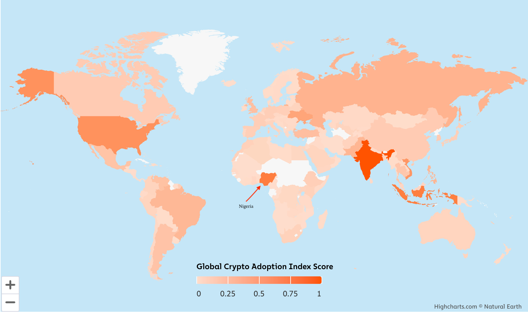 Global Crypto Adoption Rankings Highlight Nigeria’s Second Position After India in 2024 Index. Source: Chainalysis