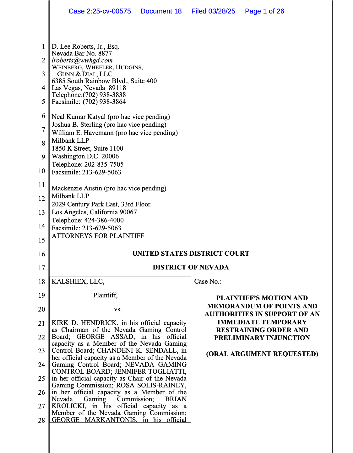 Kalshi Lawsuit Against Nevada Gaming Control Board and New Jersey Division of Gaming Enforcement. Source: Court Document