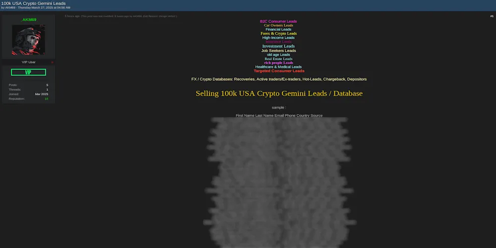 Dark Web Seller AKM69 Offers 100K Gemini Crypto User Records With Full Details. Source: Dark Web Informer