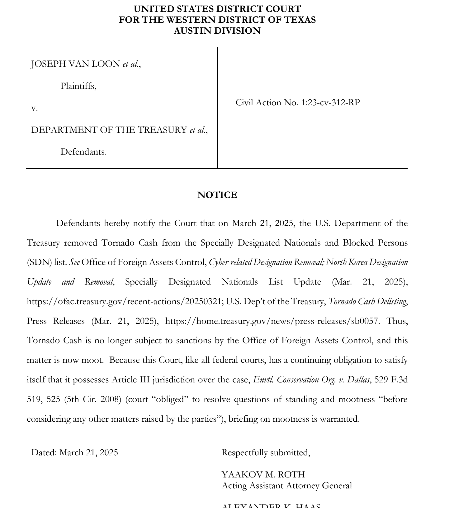 Official court document from the U.S. Treasury Department notifying the court of Tornado Cash's removal from the sanctions list