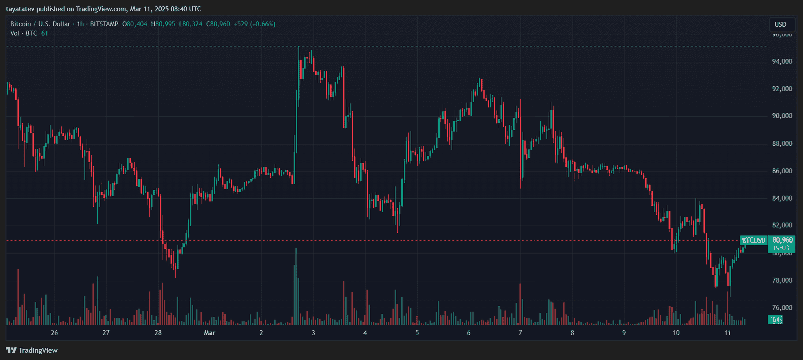 Bitcoin Drops Below $81K Amid Market Volatility. Source: TradingView