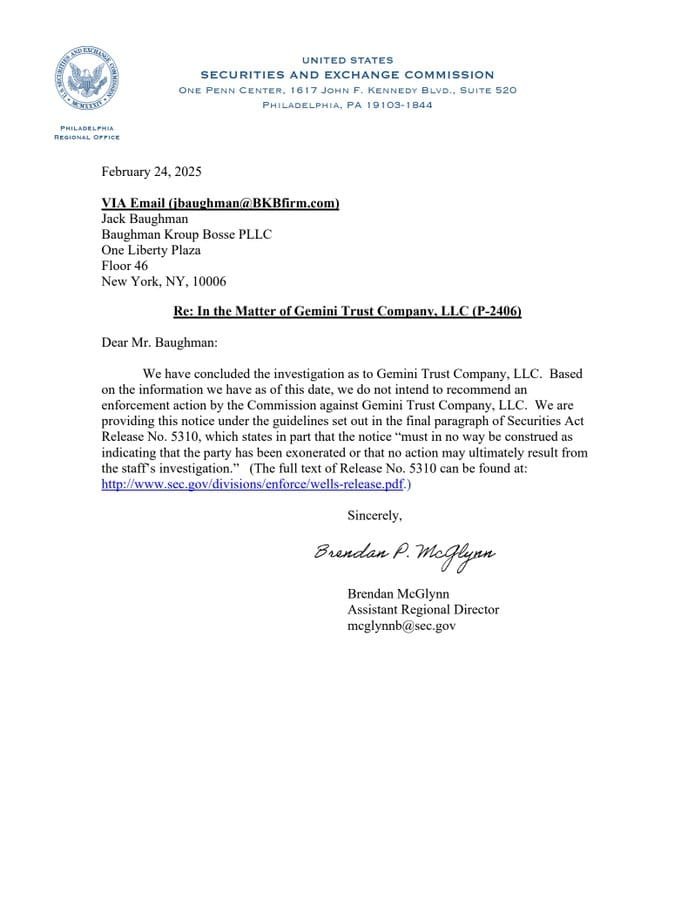 SEC Closes Investigation Into Gemini Trust Company Without Enforcement Action. Source: SEC