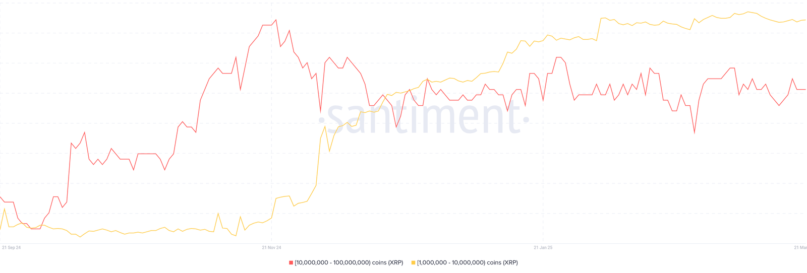 Wallets holding 1M to 10M XRP have increased their holdings by 10%