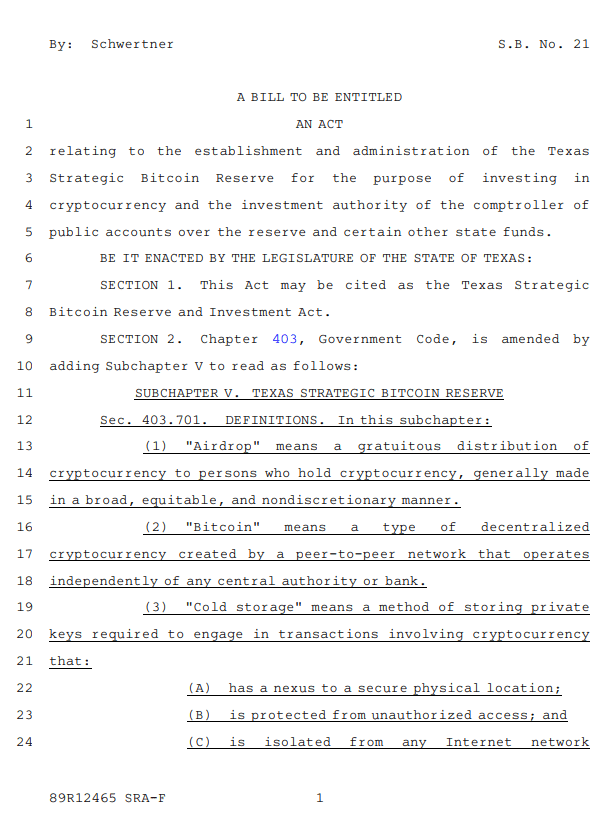 Texas Senate Bill 21 Establishing Bitcoin Strategic Reserve and Cold Storage Regulations. Source: Texas State Senate