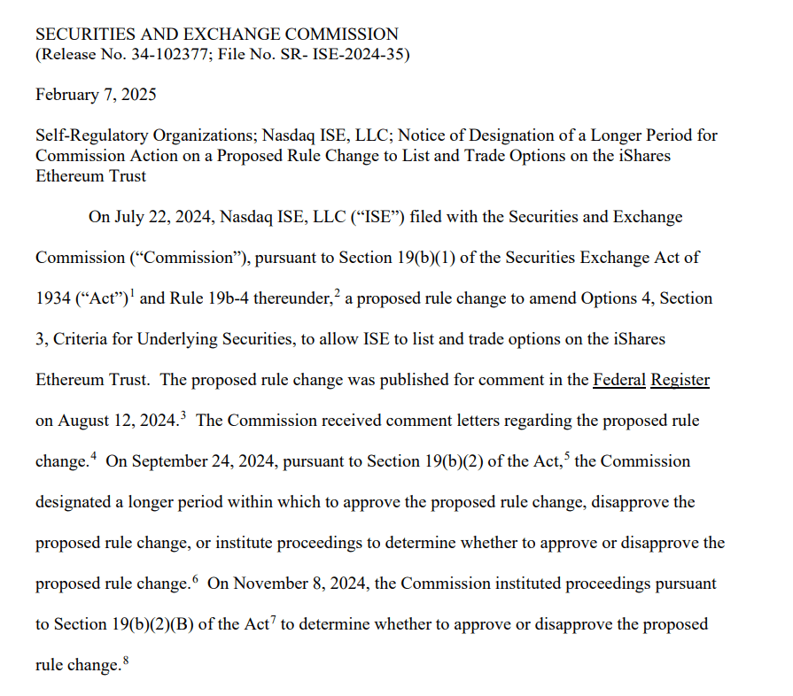 SEC Extends Review Period for iShares Ethereum Trust ETF Options on Nasdaq ISE. Source: U.S. Securities and Exchange Commission