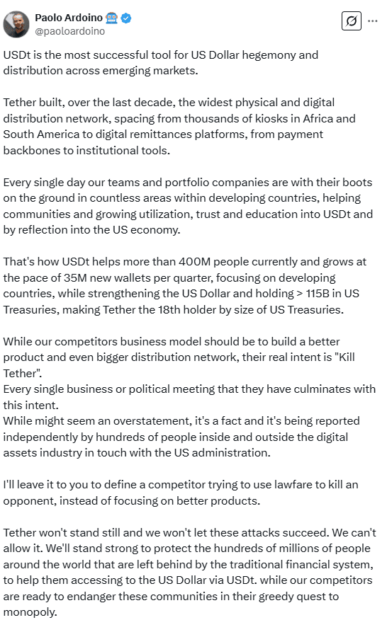 Paolo Ardoino Defends Tether’s Role in Global Finance, Accuses Competitors of Targeting USDT. Source: X (@paoloardoino)