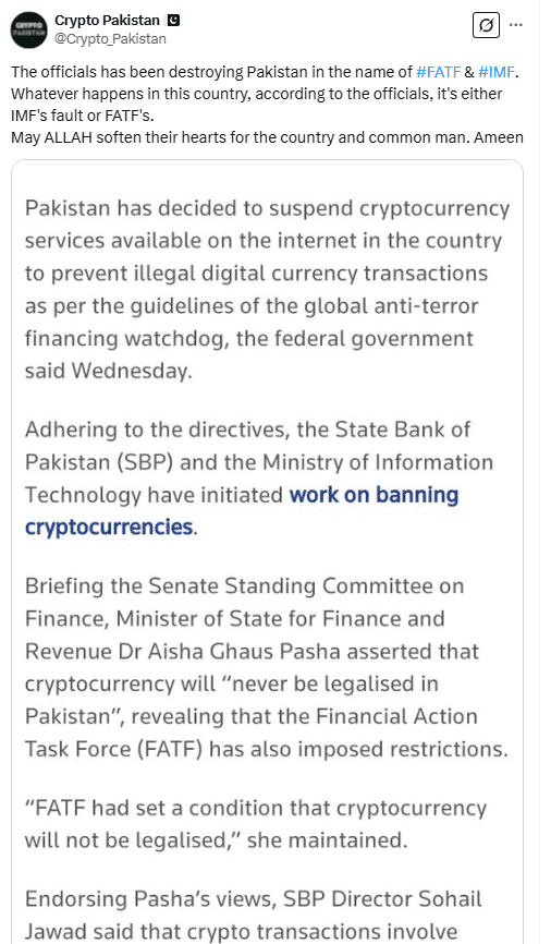 Pakistan Moves to Ban Cryptocurrencies Under FATF Directives. Source: Crypto Pakistan