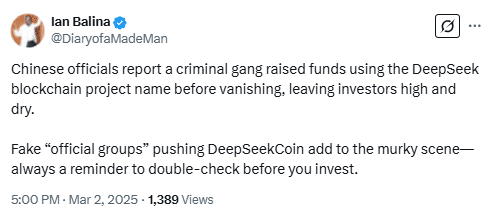  Ian Balina Warns of DeepSeek Crypto Scams Exploiting Investors. Source: 