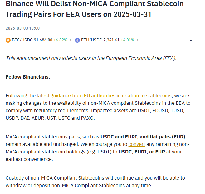 Binance Announces Delisting of Non-MiCA Stablecoins in Europe by March 31, 2025. Source: Binance
