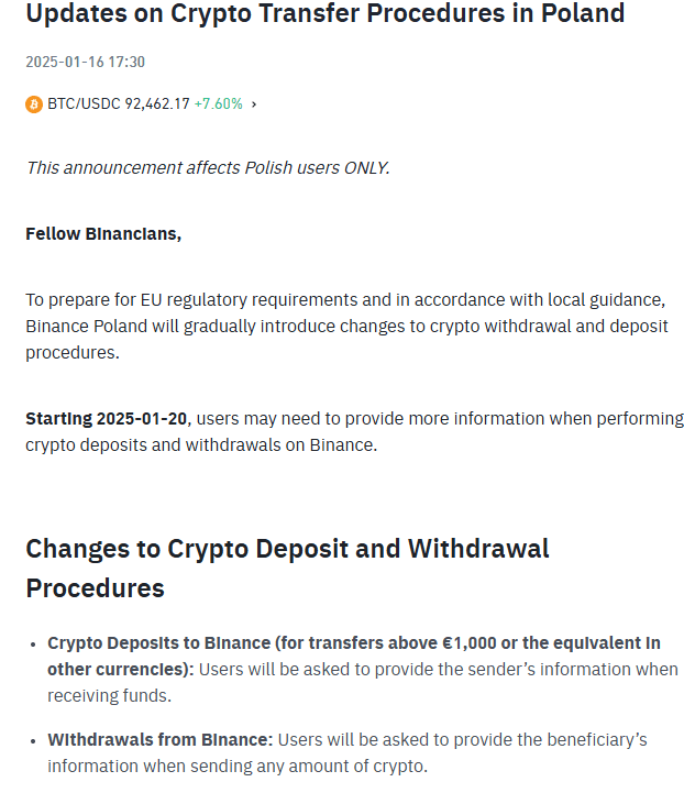 Binance Implements New Crypto Transfer Rules in Poland Ahead of MiCA Compliance. Source: Binance