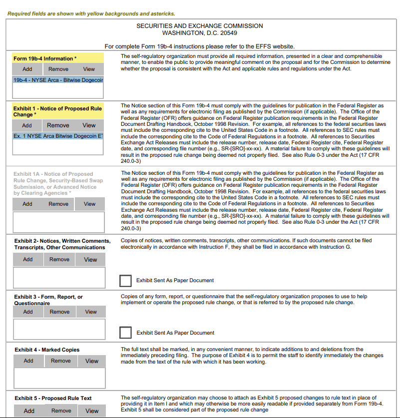 SEC Form 19b-4 Filing Details for NYSE Arca's Bitwise Dogecoin ETF Proposal. Source: SEC