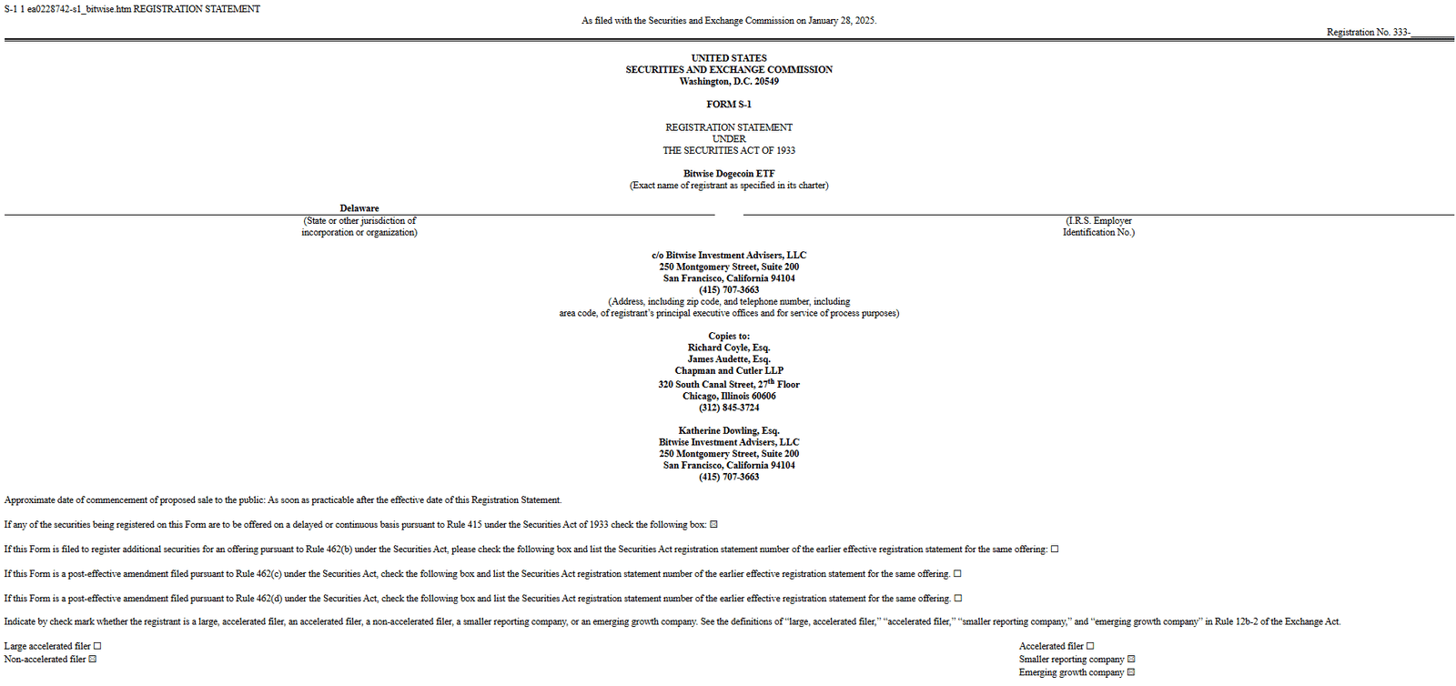 SEC Form S-1 Registration Statement for Bitwise Dogecoin ETF Filing. Source: SEC