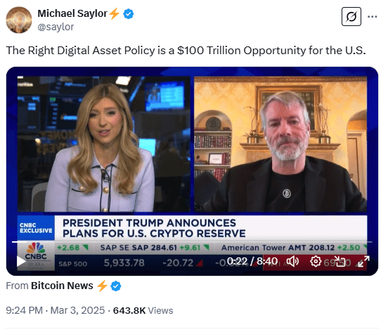 Michael Saylor Discusses U.S. Crypto Reserve Plans on CNBC. Source: Bitcoin News