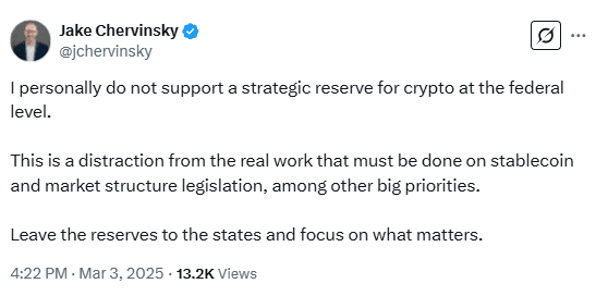Jake Chervinsky Criticizes Federal Crypto Reserve Plans, Calls for Focus on Legislation. Source: