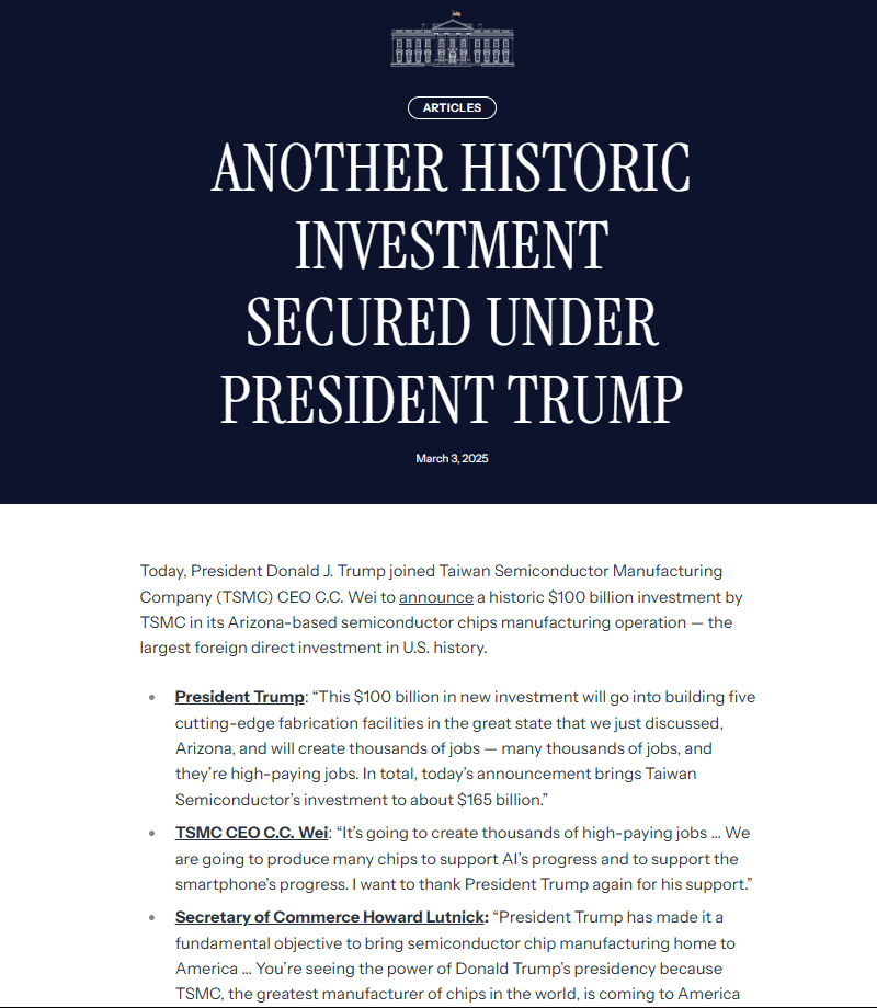 Trump and TSMC Announce $100 Billion US Semiconductor Investment. Source: White House