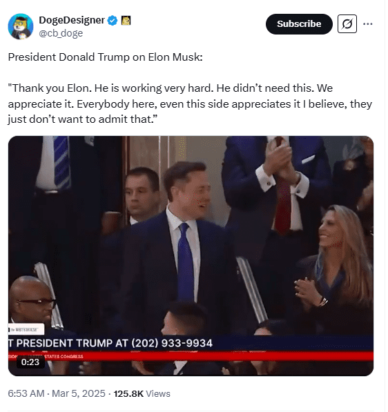 Elon Musk Acknowledged by Trump During Congressional Address Amid DOGE Controversy. Source: DogeDesigner