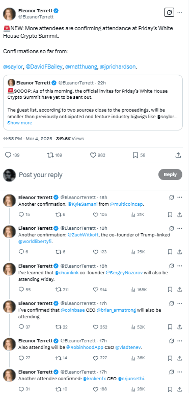 White House Crypto Summit Attendees Confirmed as Industry Leaders Join Key Policy Talks. Source: Eleanor Terrett