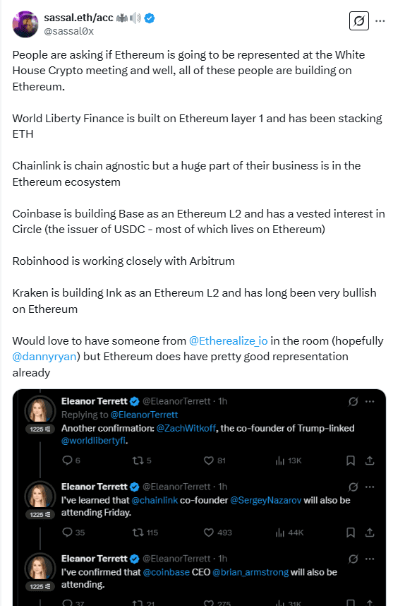 Ethereum’s Role in White House Crypto Summit Highlighted Amid Industry Representation Debate. Source: Sassal.eth