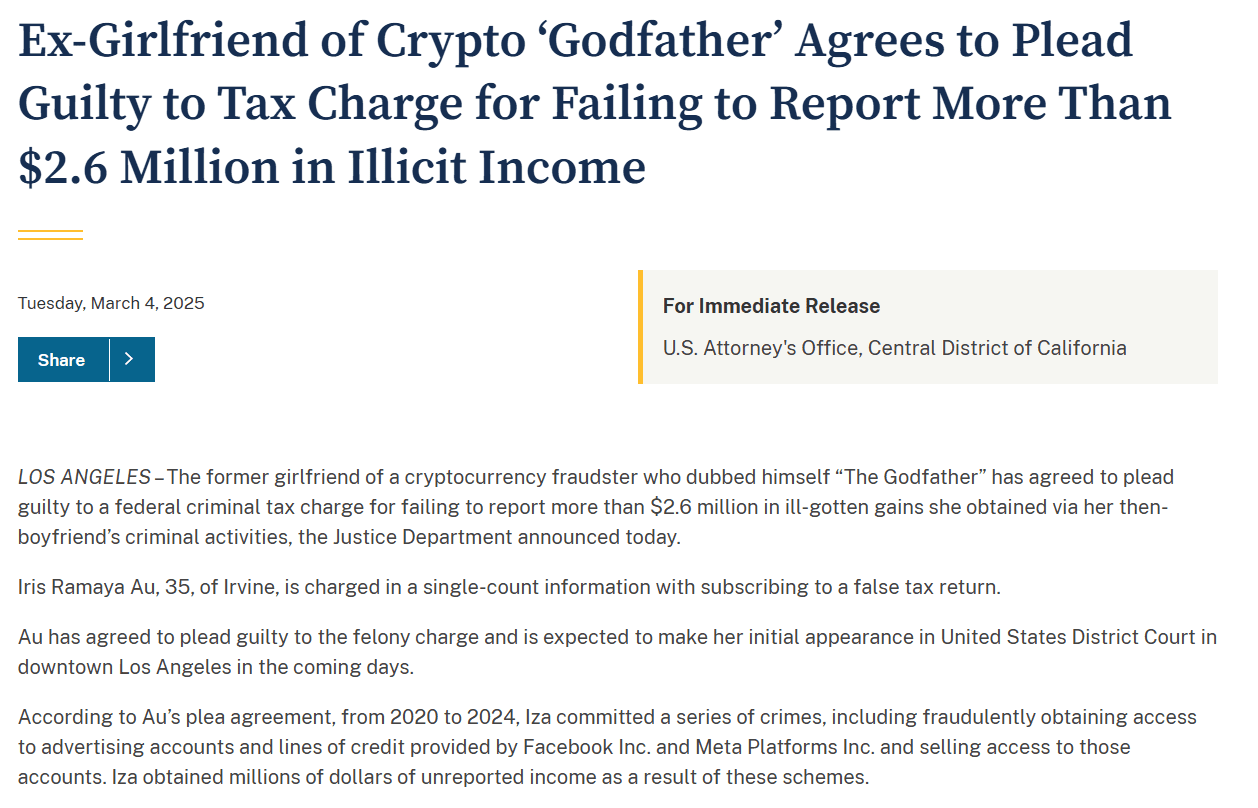 Iris Ramaya Au Pleads Guilty to $2.6M Tax Fraud Linked to Crypto ‘Godfather’ Adam Iza. Source: U.S. Attorney’s Office, Central District of California.