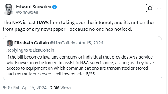 Edward Snowden Warns NSA Is Days Away from Full Internet Control. Source: Twitter (@Snowden)