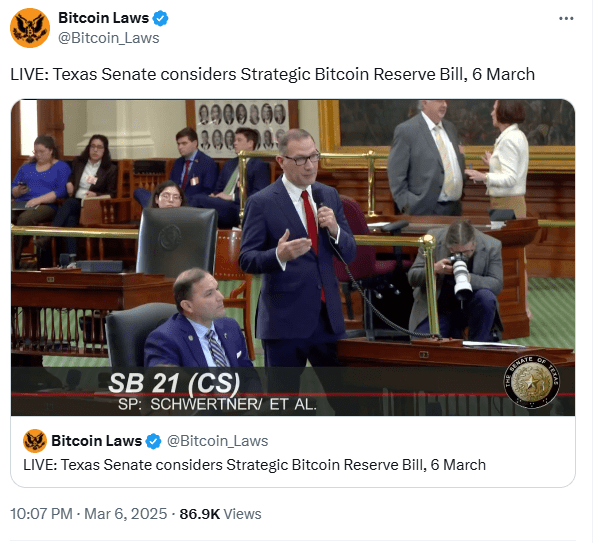  Texas Senate Debates SB-21 Bitcoin Reserve Bill, Senator Schwertner Advocates for Digital Asset Strategy. Source: Bitcoin Laws