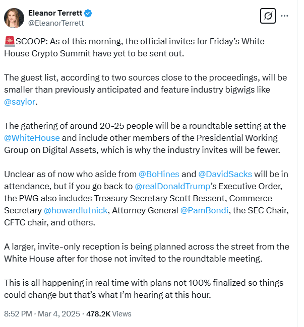 White House Crypto Summit Guest List and Invitations Update. Source: Eleanor Terrett