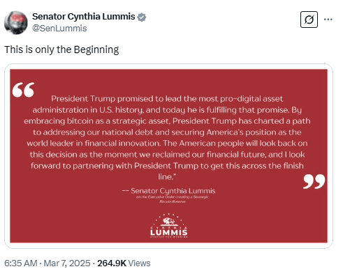 Senator Cynthia Lummis Supports Trump’s Bitcoin Strategy in Digital Asset Policy. Source: Senator Cynthia Lummis