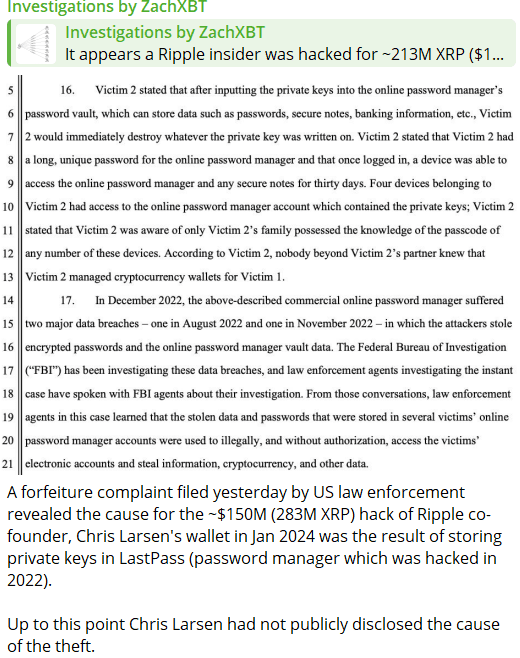Chris Larsen’s $150M XRP Hack Tied to LastPass Breach, US Law Enforcement Confirms. Source: ZachXBT