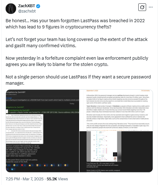 ZachXBT Exposes LastPass Breach Tied to $150M Ripple Hack. Source: Twitter (@zachxbt)
