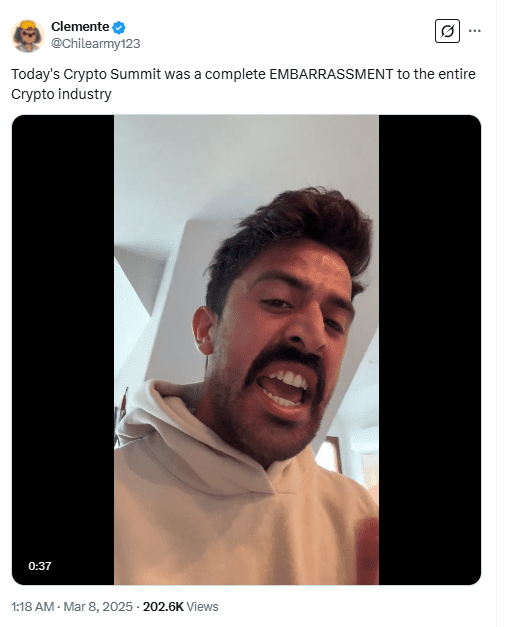 Clemente Criticizes Trump’s Crypto Summit as an Embarrassment. Source: X @Chilearmy123