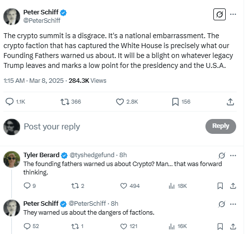 Peter Schiff Criticizes Trump’s Crypto Summit, Calls It a National Embarrassment. Source: X @PeterSchiff