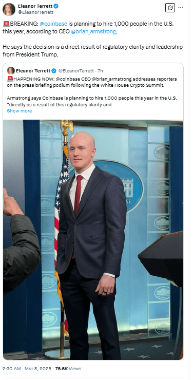 Coinbase CEO Brian Armstrong Announces 1,000 New Hires After Trump’s Crypto Summit. Source: X @EleanorTerrett