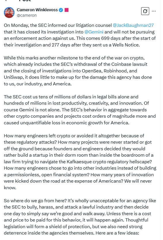 Cameron Winklevoss Slams SEC After Gemini Investigation Closes. Source: X