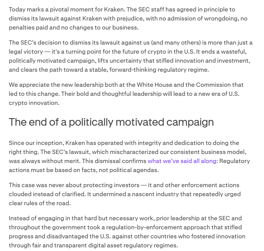 Kraken Reacts to SEC Lawsuit Dismissal, Calls It Politically Motivated. Source: Kraken