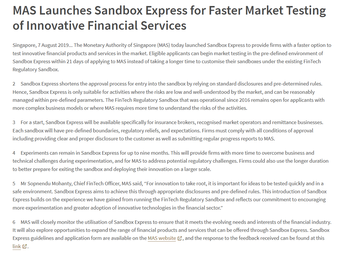 Singapore’s MAS Launches Sandbox Express for Faster Fintech Testing and Regulatory Oversight. Source: Monetary Authority of Singapore (MAS)