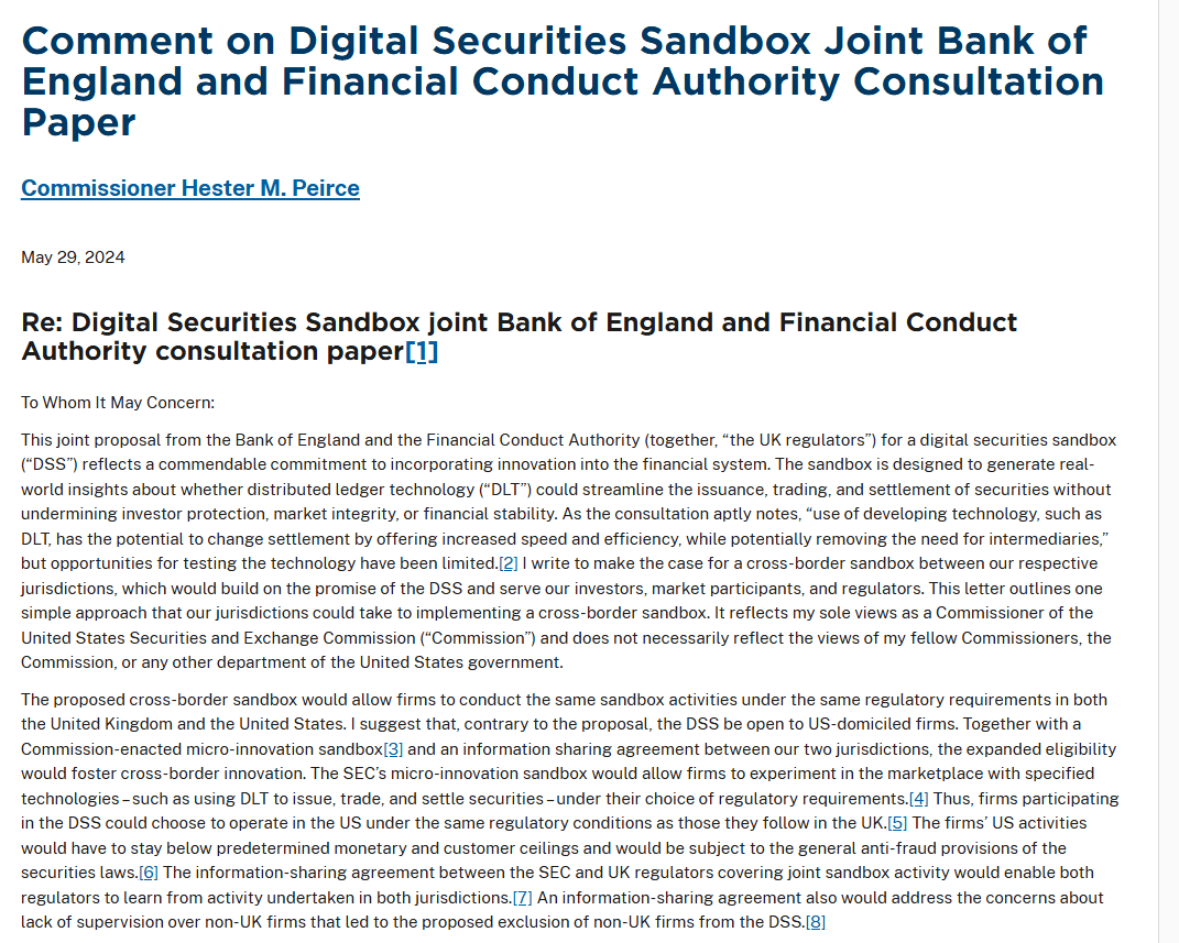 SEC Commissioner Hester Peirce Comments on Digital Securities Sandbox Proposal by Bank of England and FCA. Source: Bank of England & Financial Conduct Authority