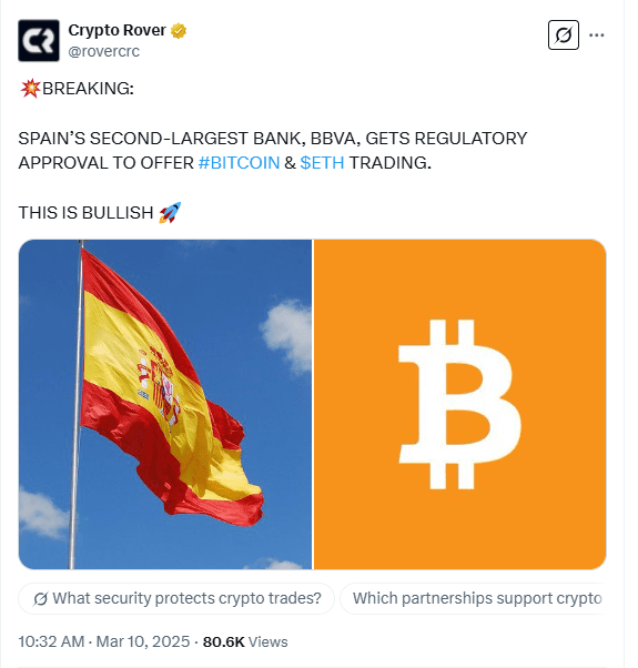 BBVA Secures Approval for Bitcoin and Ethereum Trading in Spain. Source: Crypto Rover