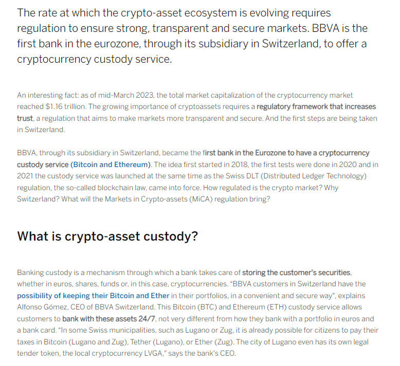 BBVA Becomes First Eurozone Bank to Offer Bitcoin and Ethereum Custody in Switzerland. Source: BBVA