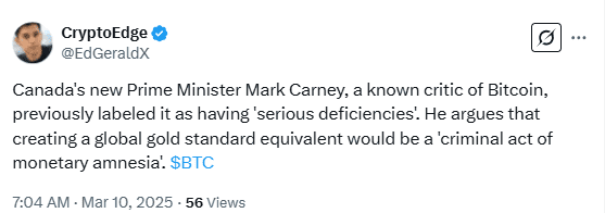 Mark Carney’s Bitcoin Criticism Resurfaces as He Becomes Canada’s Prime Minister. Source: CryptoEdge