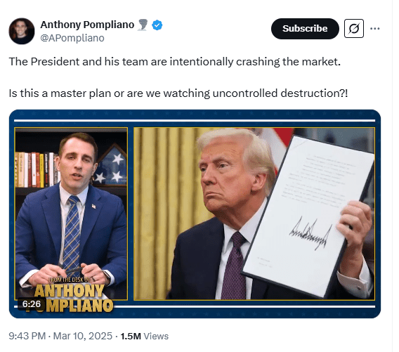 Anthony Pompliano Claims Trump Intentionally Crashed Markets. Source: Anthony Pompliano/X